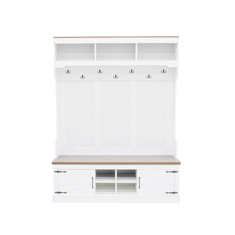 White hall tree with bench, coat hooks, and shoe storage cabinet