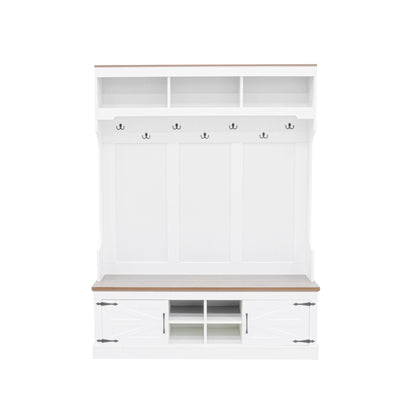 White hall tree with open cubbies, coat hooks, bench top, and shoe storage base