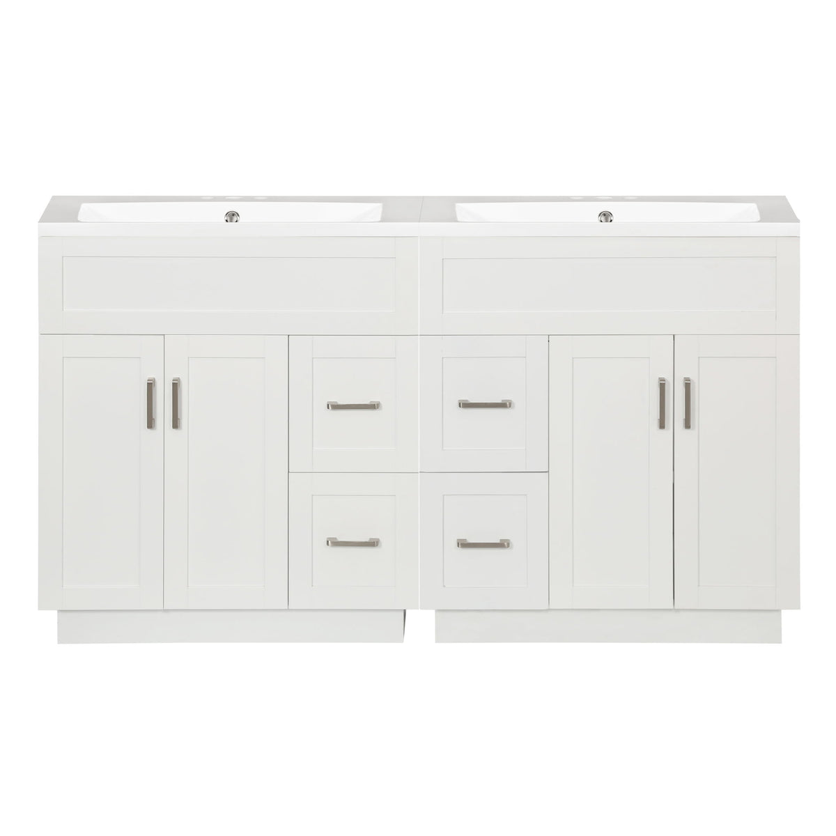 White vanity base with two door panels, two drawer fronts, and metal bar pulls