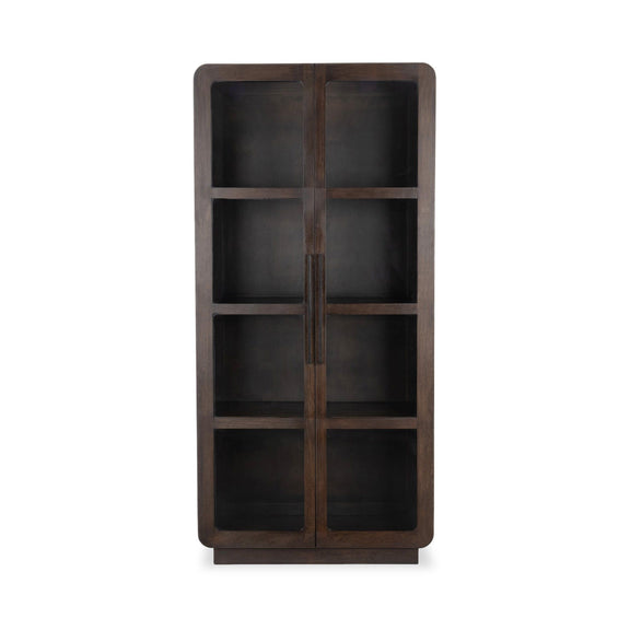 Dark brown solid wood tall cabinet with two glass doors and interior shelving grid