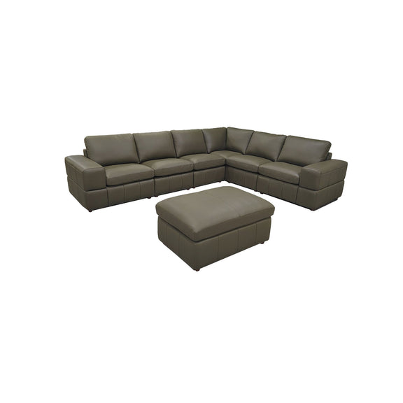 Dark gray L-shaped modular sectional sofa with cushioned ottoman in matching fabric