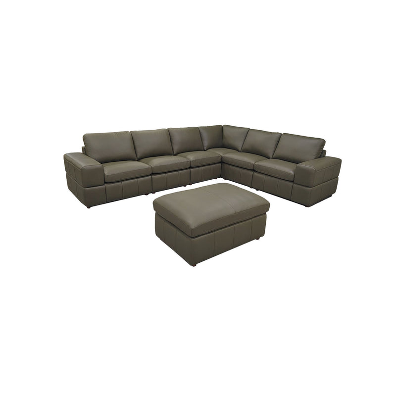 Dark gray L-shaped modular sectional sofa with cushioned ottoman in matching fabric