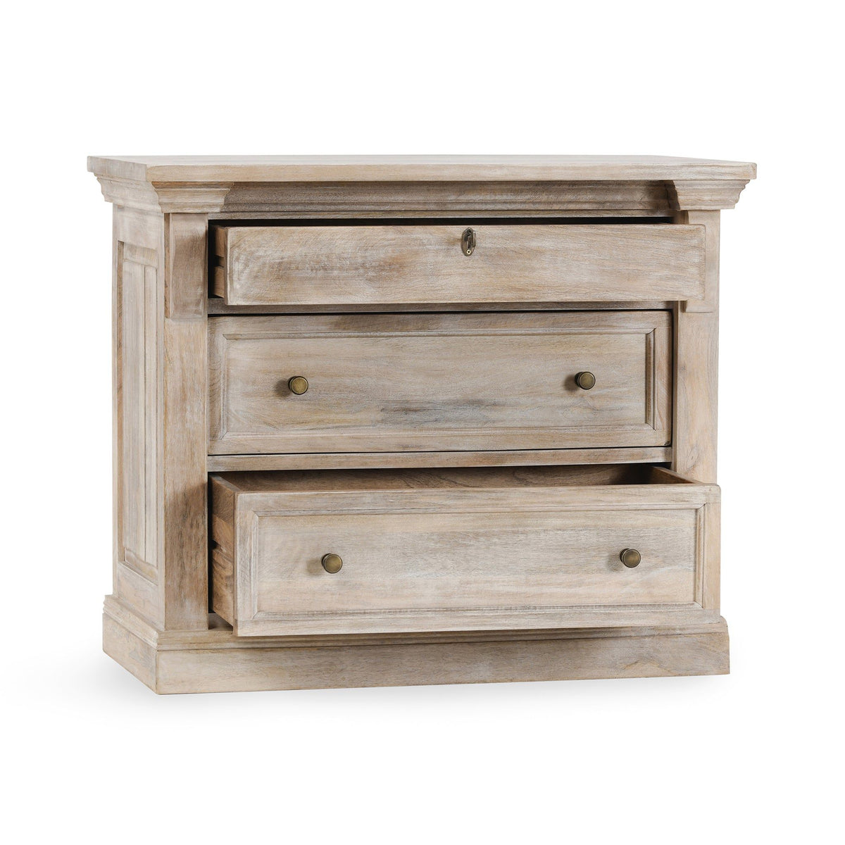 Nightstand with three cream wood drawers and round brass-tone knobs