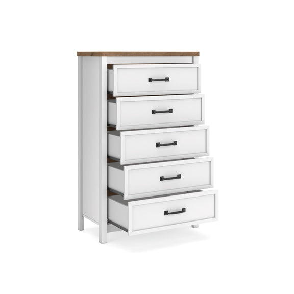 White five-drawer chest with brown top, black bar handles, side angle view