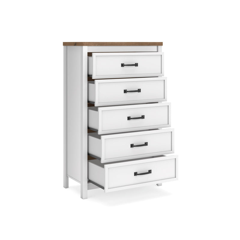 White five-drawer chest with brown top, black bar handles, side angle view