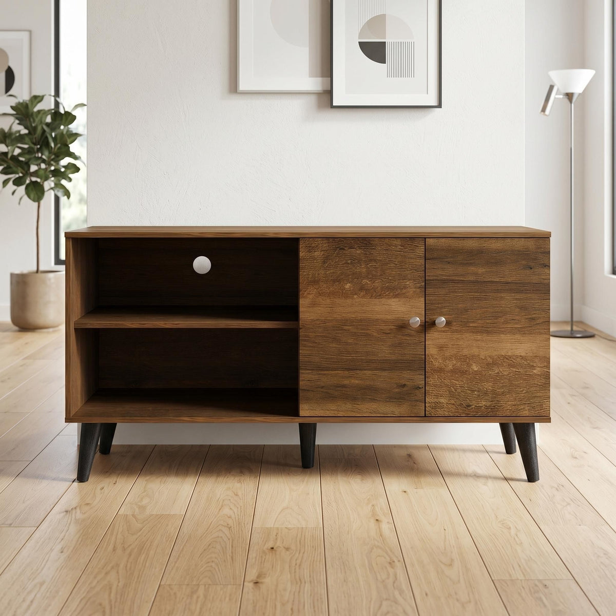 Warm brown TV stand with two open shelves and cabinet with two doors