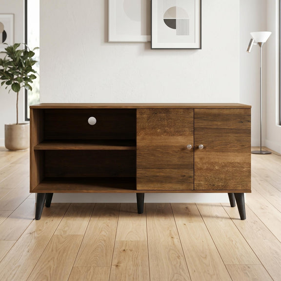 Warm brown TV stand with two open shelves and cabinet with two doors