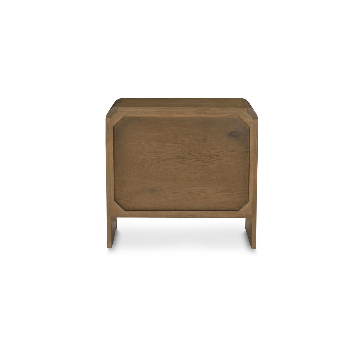 Oak nightstand viewed from the back, showing its wood panel and legs