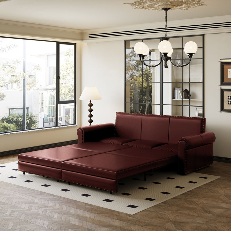 Dark brown faux leather convertible sofa bed pulled out into a flat bed
