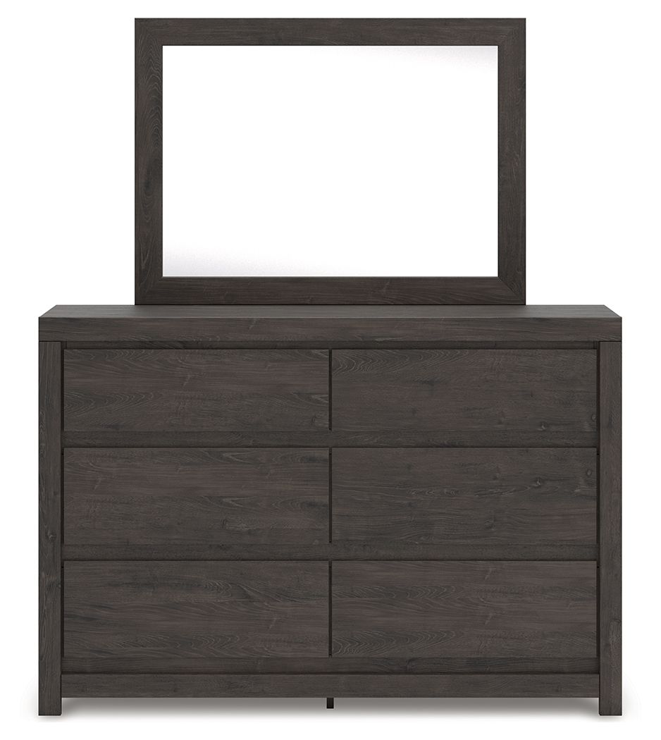 Charcoal dresser with rectangular mirror and six-panel drawer fronts