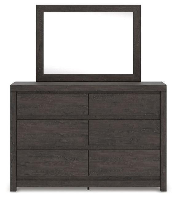 Charcoal dresser with rectangular mirror and six-panel drawer fronts