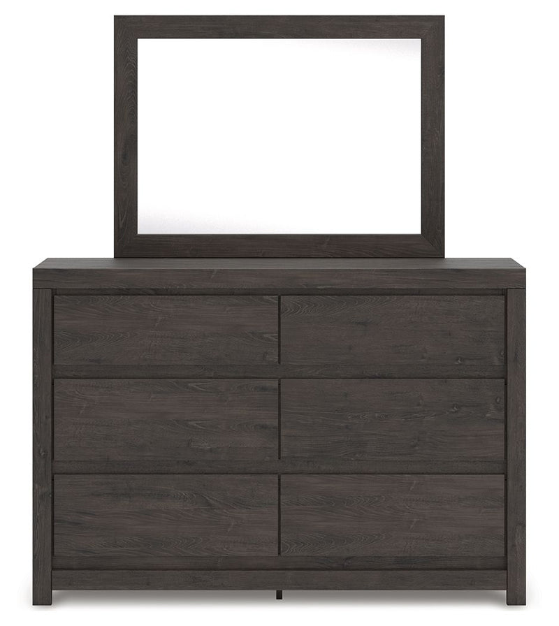Charcoal dresser with rectangular mirror and six-panel drawer fronts