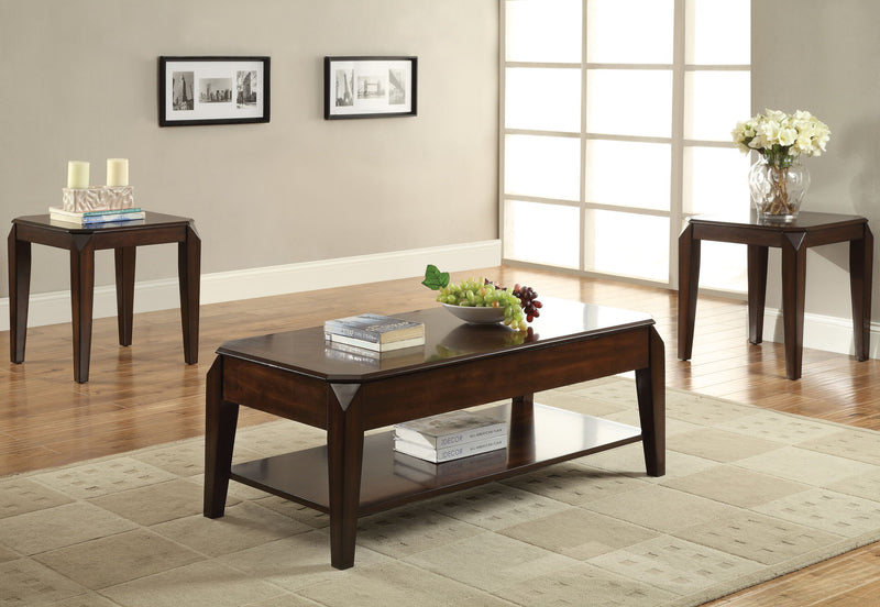 Walnut lift-top coffee table with open lower shelf and dark rectangular top