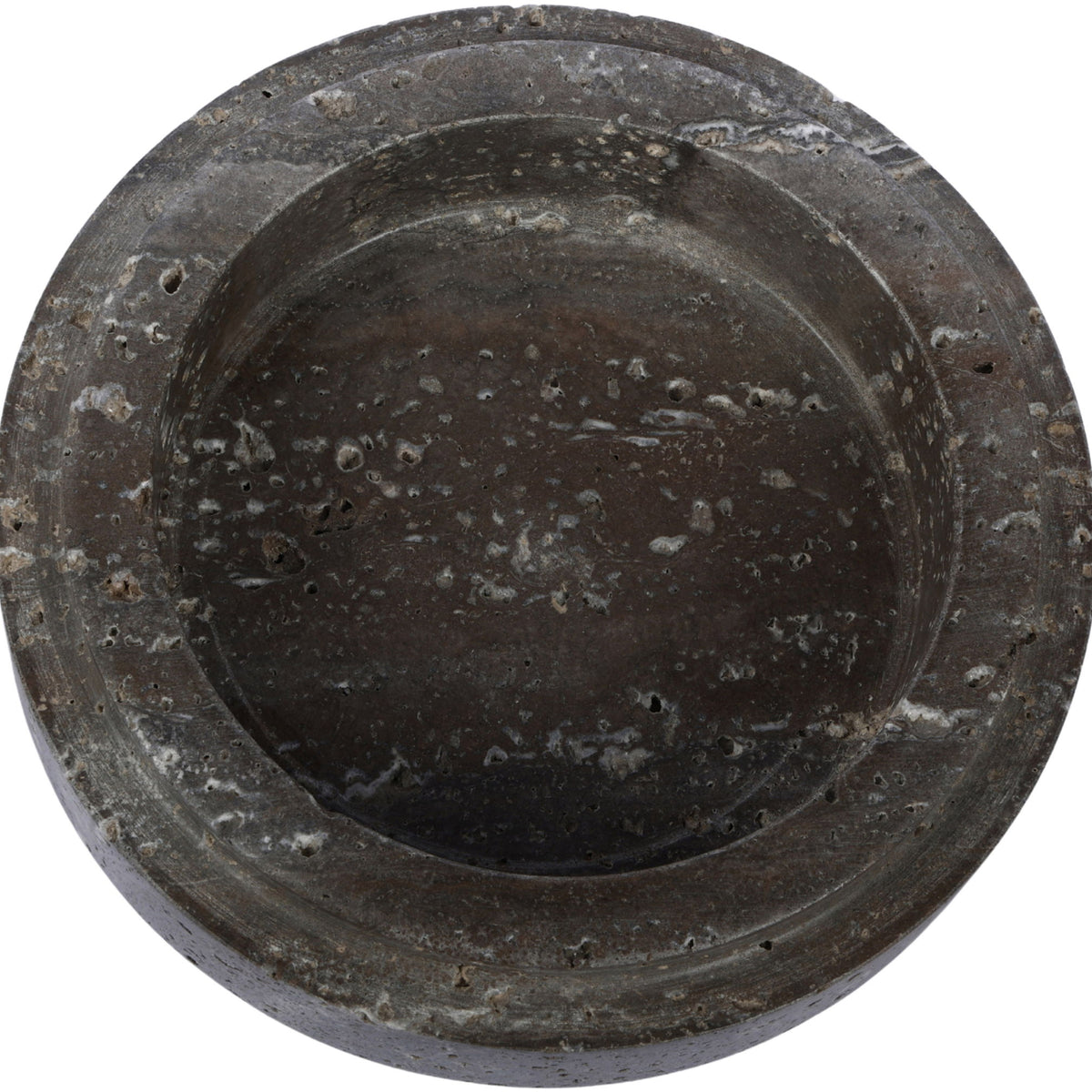 Blackish gray travertine serving bowl with shallow round basin and speckled texture