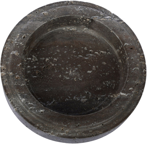 Blackish gray travertine serving bowl with shallow round basin and speckled texture