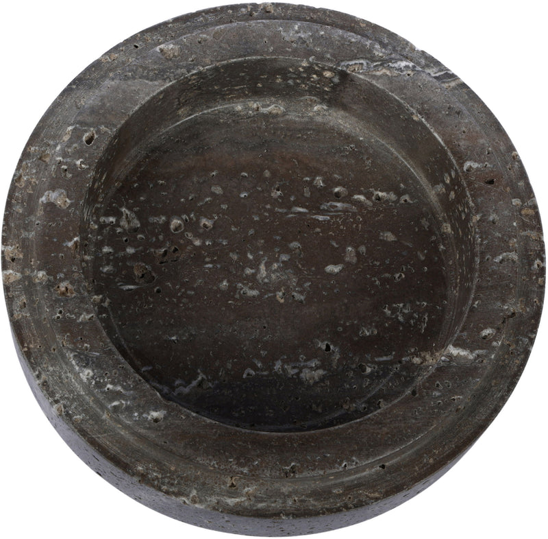 Blackish gray travertine serving bowl with shallow round basin and speckled texture