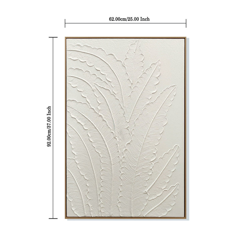 Framed Botanical Leaf Wall Art, Thick Textured Canvas Painting, Neutral Decor For Living Room - White