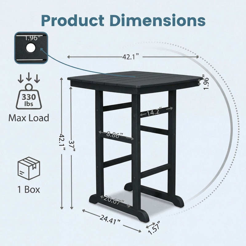 Black bar-height patio table with square top and sturdy four-post base, dimensions