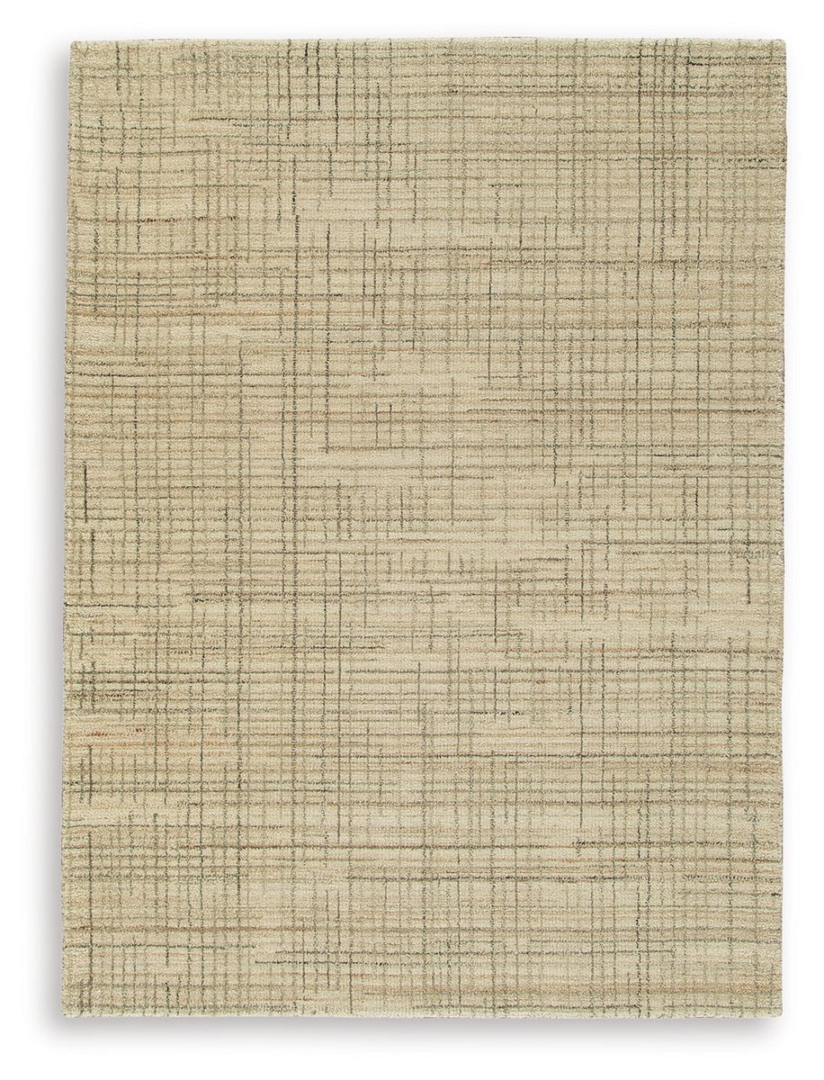 5' x 7' area rug with ivory base and gray, tan linear pattern, flatwoven look