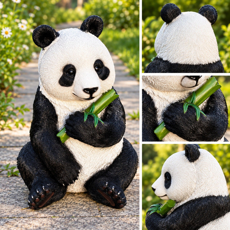 Panda garden statue shown from front, back, and side, holding bamboo