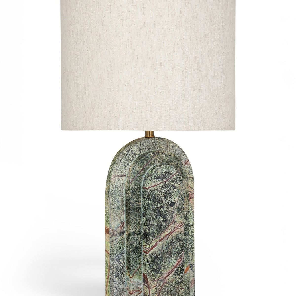 Table lamp with beige fabric shade and green multicolor textured stone base