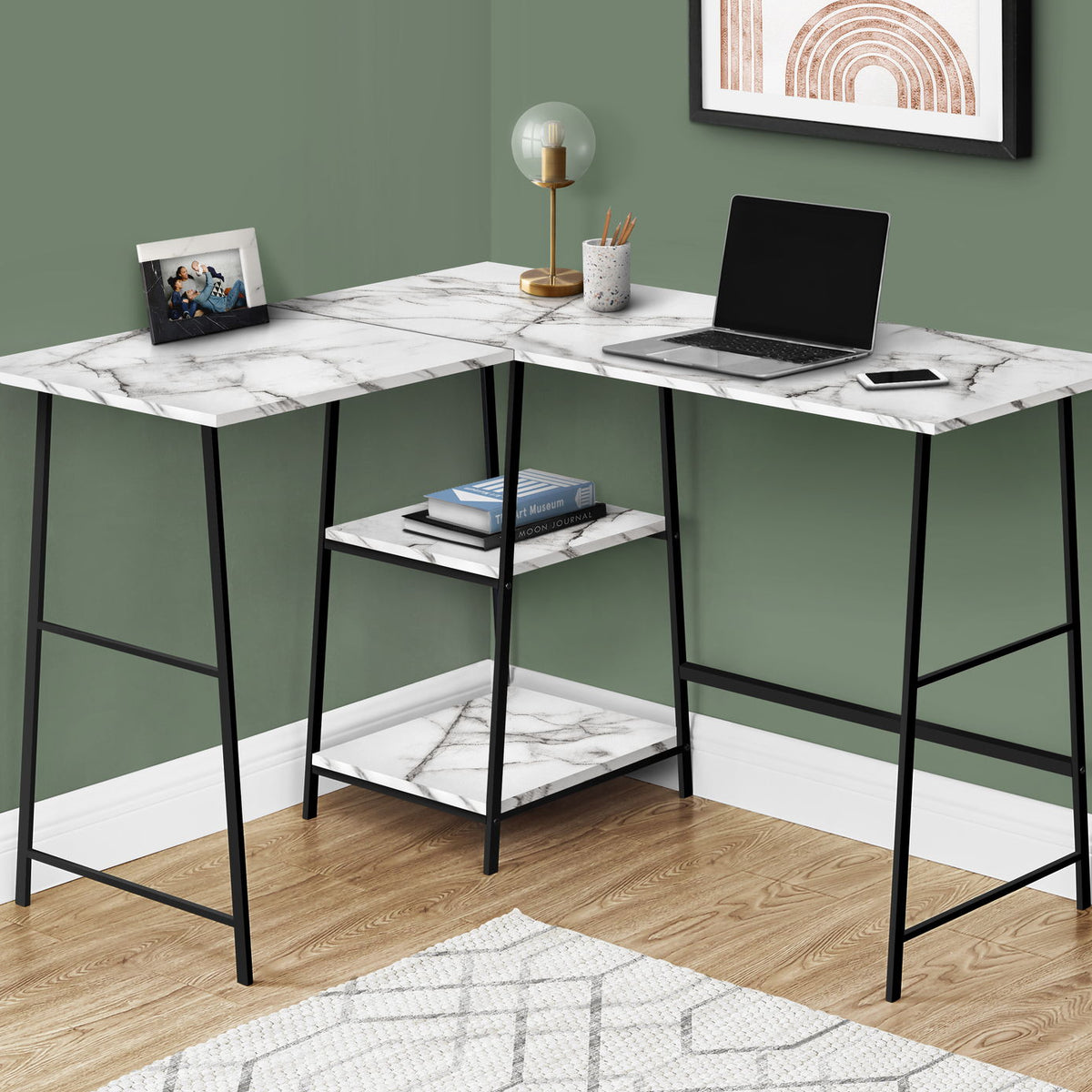 Computer Desk, Home Office, Corner, Storage Shelves, L Shape, Work, Laptop, Marble Look Laminate, Contemporary, Modern