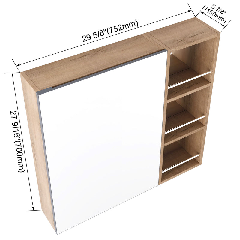 Wall-mounted bathroom cabinet with adjustable shelves, light oak finish, side view