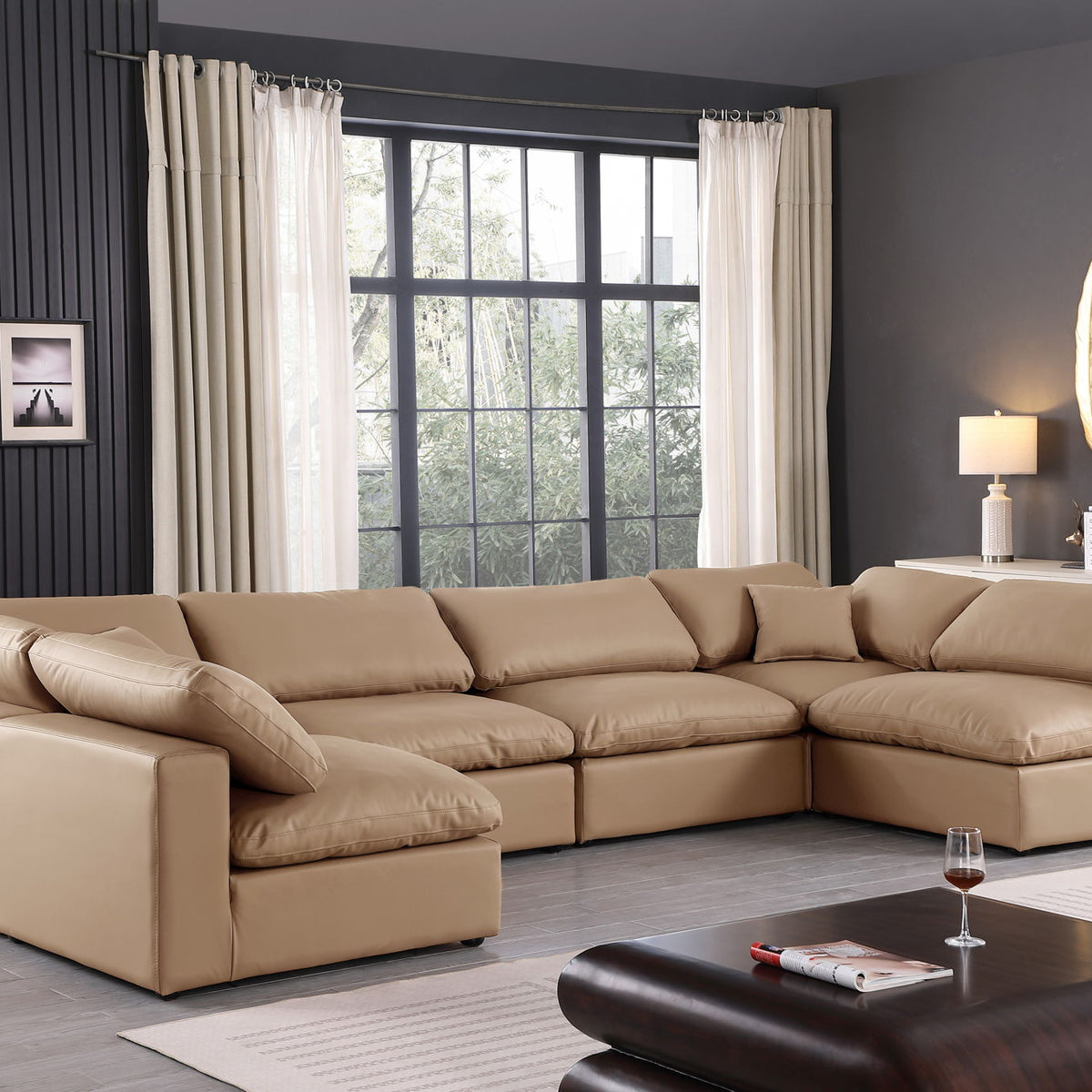 Comfy - 6 Piece Faux Leather Modular Armless Sectional - Tan