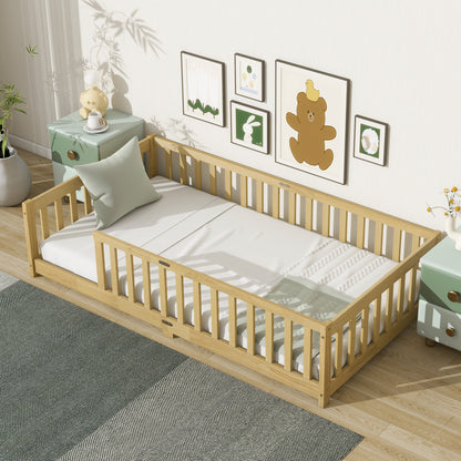 Twin Size Floor Bed with Fence without Door, Rubber Wood Floor Bed with Safety Guardrails, Natural