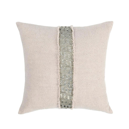 Natural fabric square pillow with centered gray stitched trim stripe