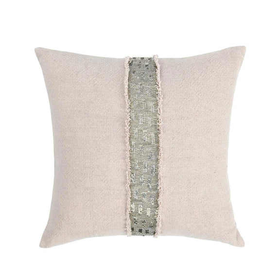 Natural fabric square pillow with centered gray stitched trim stripe