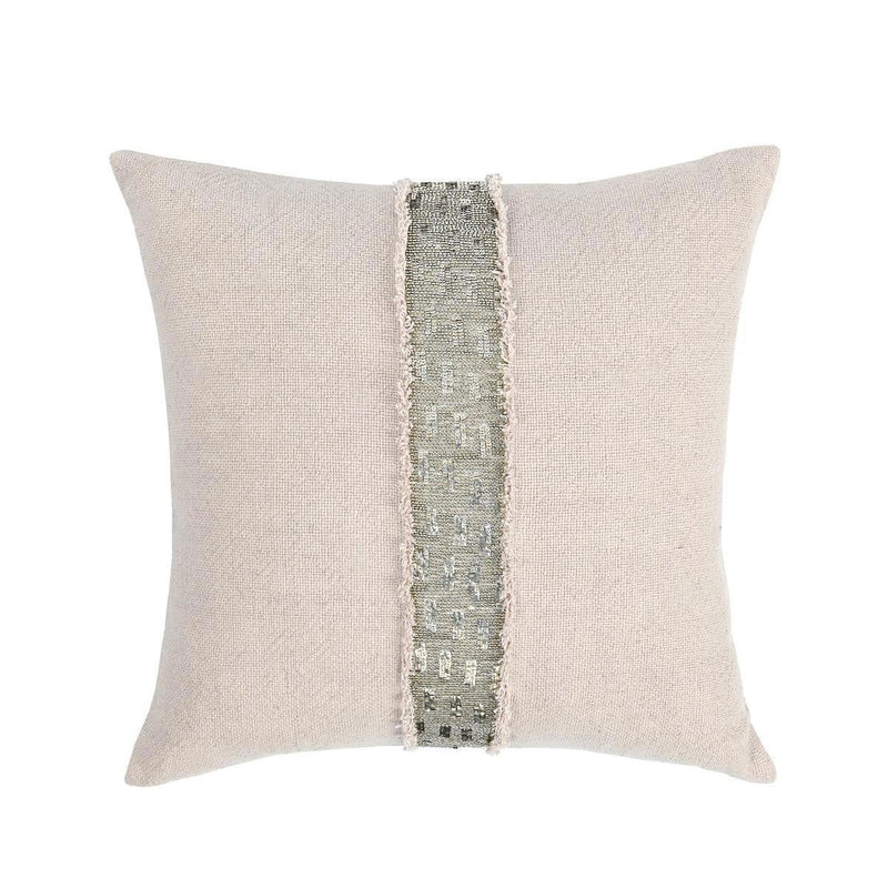 Natural fabric square pillow with centered gray stitched trim stripe