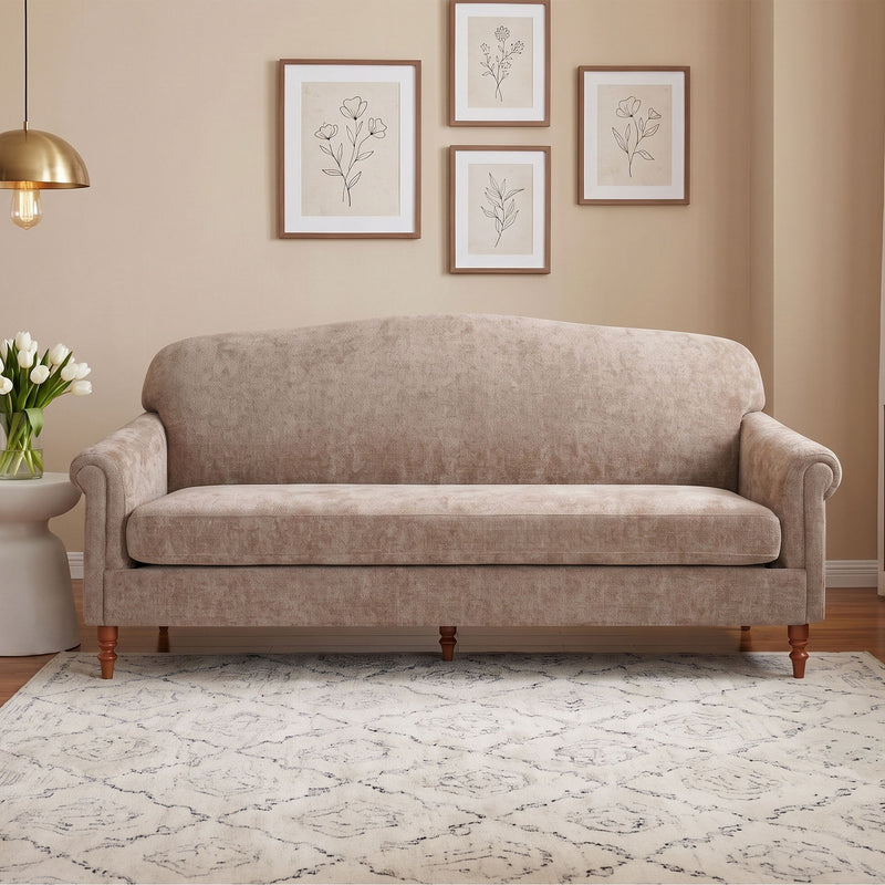 Beige 2-seat loveseat sofa with rolled arms and plush seat cushions