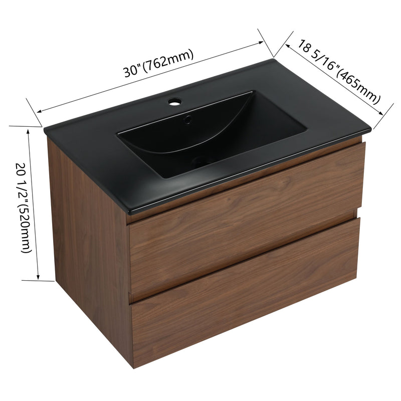 Bathroom vanity with black rectangular sink, dark wood cabinet and two drawer fronts