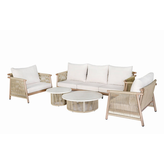 Beige patio sofa set with three-seat sofa, two armchairs, and round coffee tables
