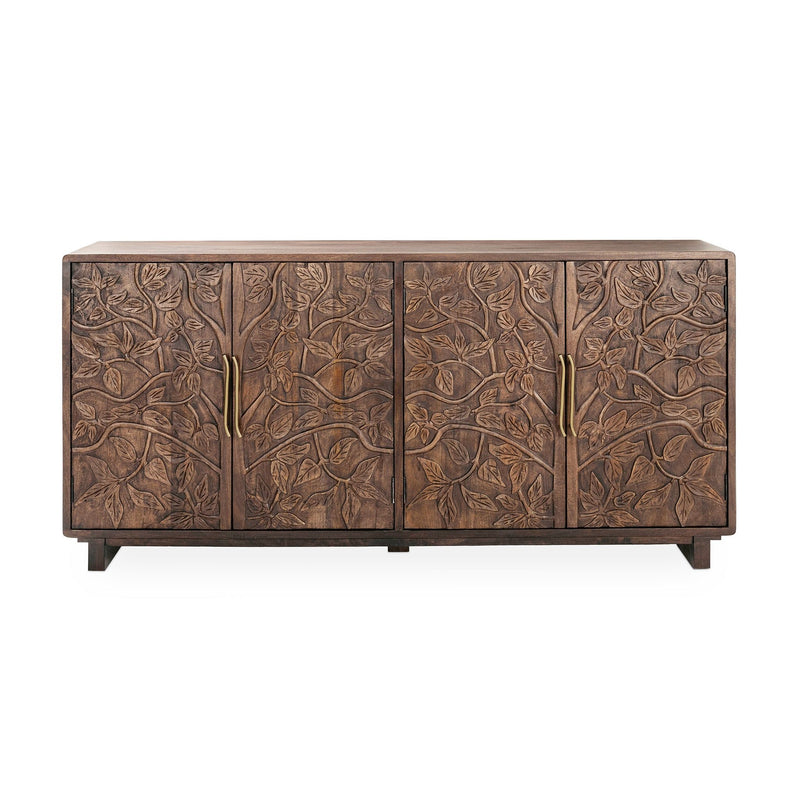 Kona brown wooden buffet with four doors, carved leaf panels, and brass bar handles.