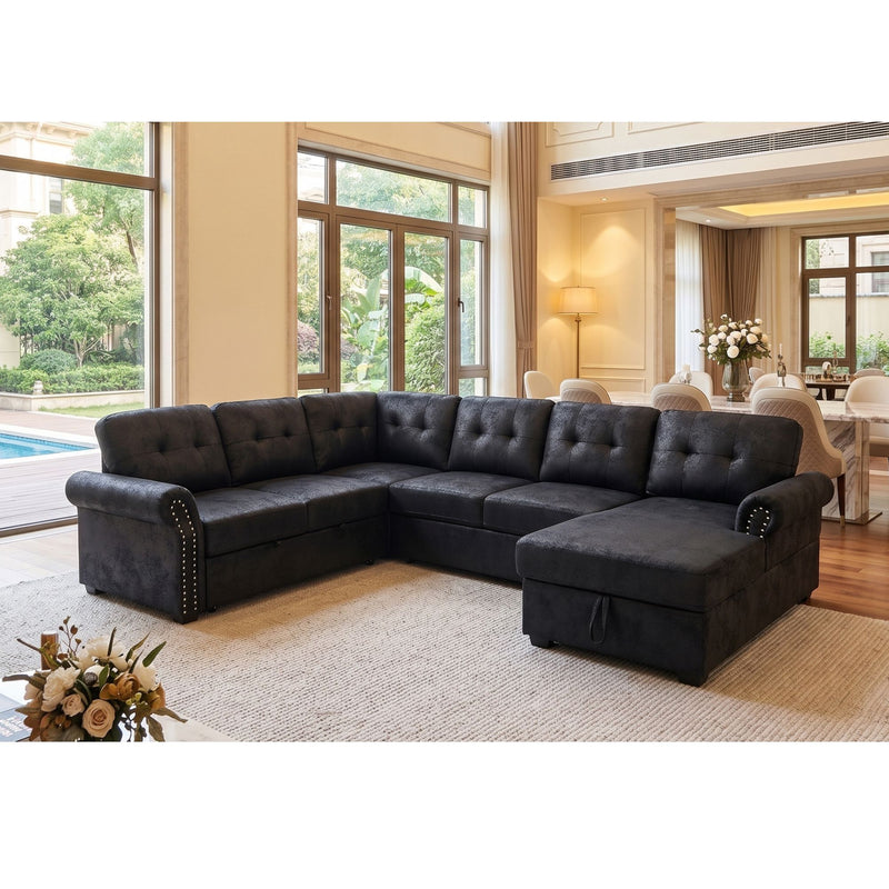 Black sectional sleeper sofa with chaise and tufted cushions in a U-shape configuration