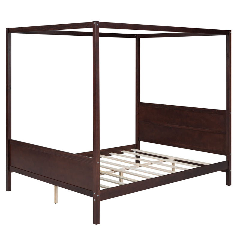 Dark brown canopy platform bed frame with headboard panel and slatted base