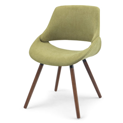 Upholstered bentwood dining chair in green fabric with curved back and wooden legs