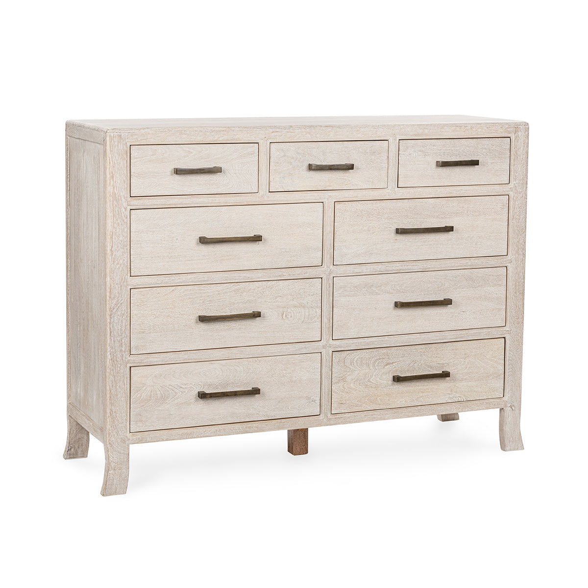 Creamwood 9-drawer dresser with nine metal bar pulls, front view