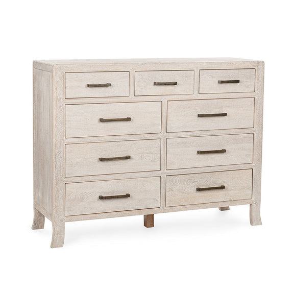 Creamwood 9-drawer dresser with nine metal bar pulls, front view