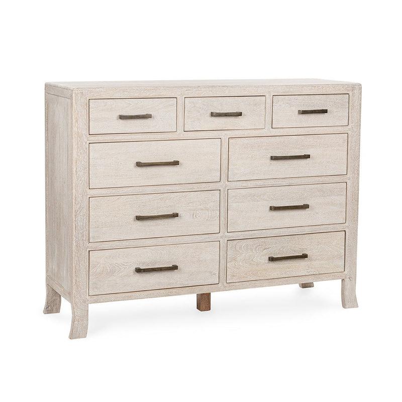 Creamwood 9-drawer dresser with nine metal bar pulls, front view