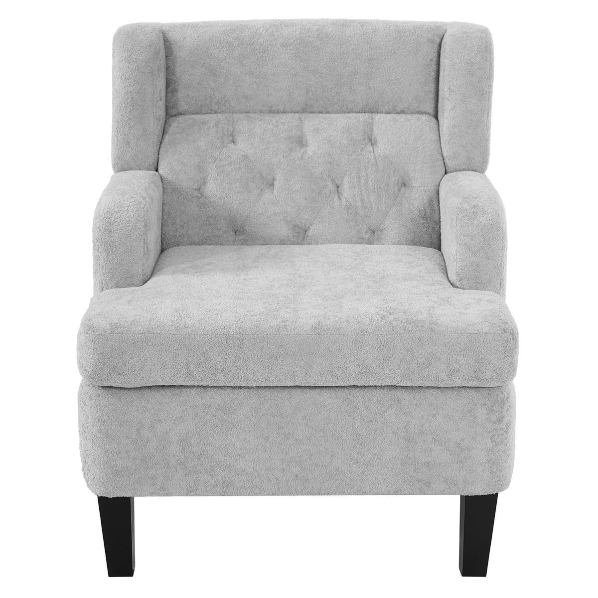 Tufted upholstered accent chair in gray fabric with armrests and cushioned seat