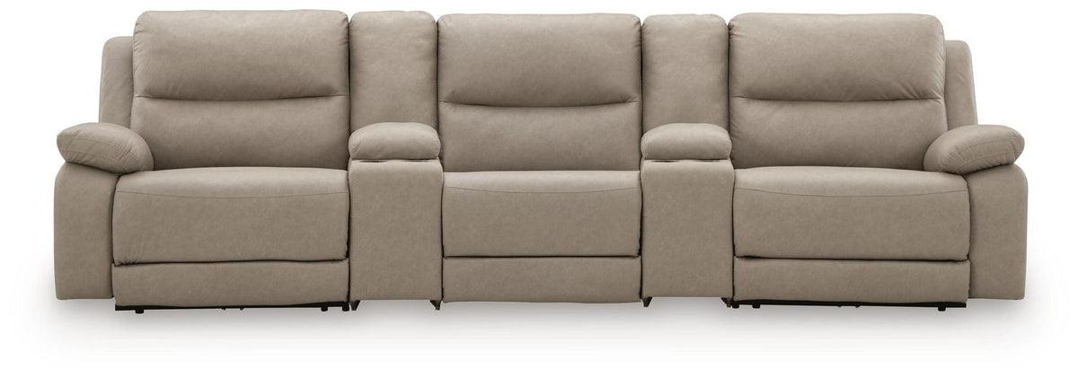Gray reclining sectional sofa back view with multiple padded headrests