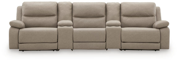 Gray reclining sectional sofa back view with multiple padded headrests