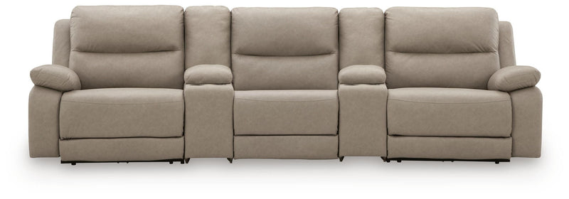 Gray reclining sectional sofa back view with multiple padded headrests