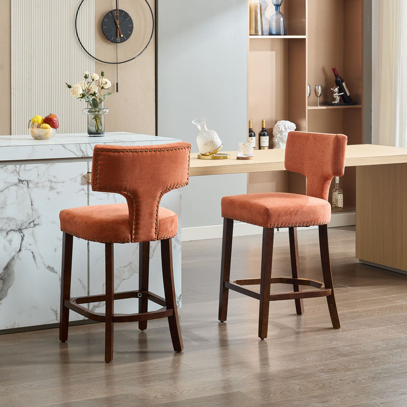Mid Century Modern Counter Height Bar Stools Set of 2, Farmhouse Linen Fabric Upholstered Accent Chair Curved Backrest with Copper Nails around,Kitchen Chairs with Hardwood Frame, Orange