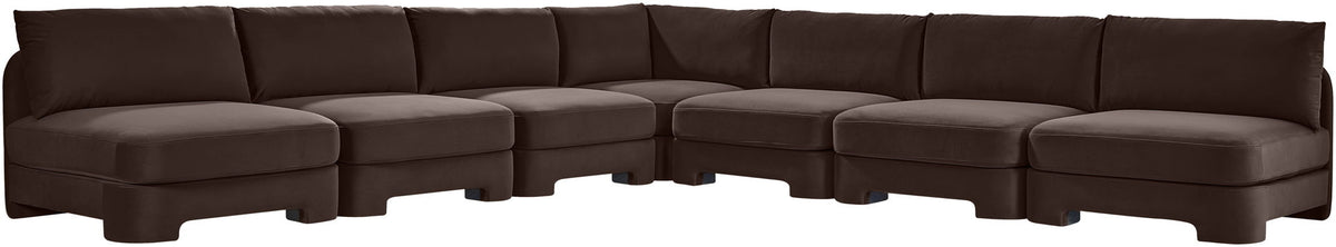 Dark brown velvet performance sectional sofa with armless design and blocky seat cushions