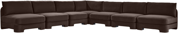 Dark brown velvet performance sectional sofa with armless design and blocky seat cushions