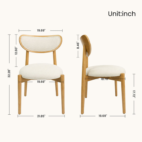 Beige upholstered dining chair with front and side dimensions
